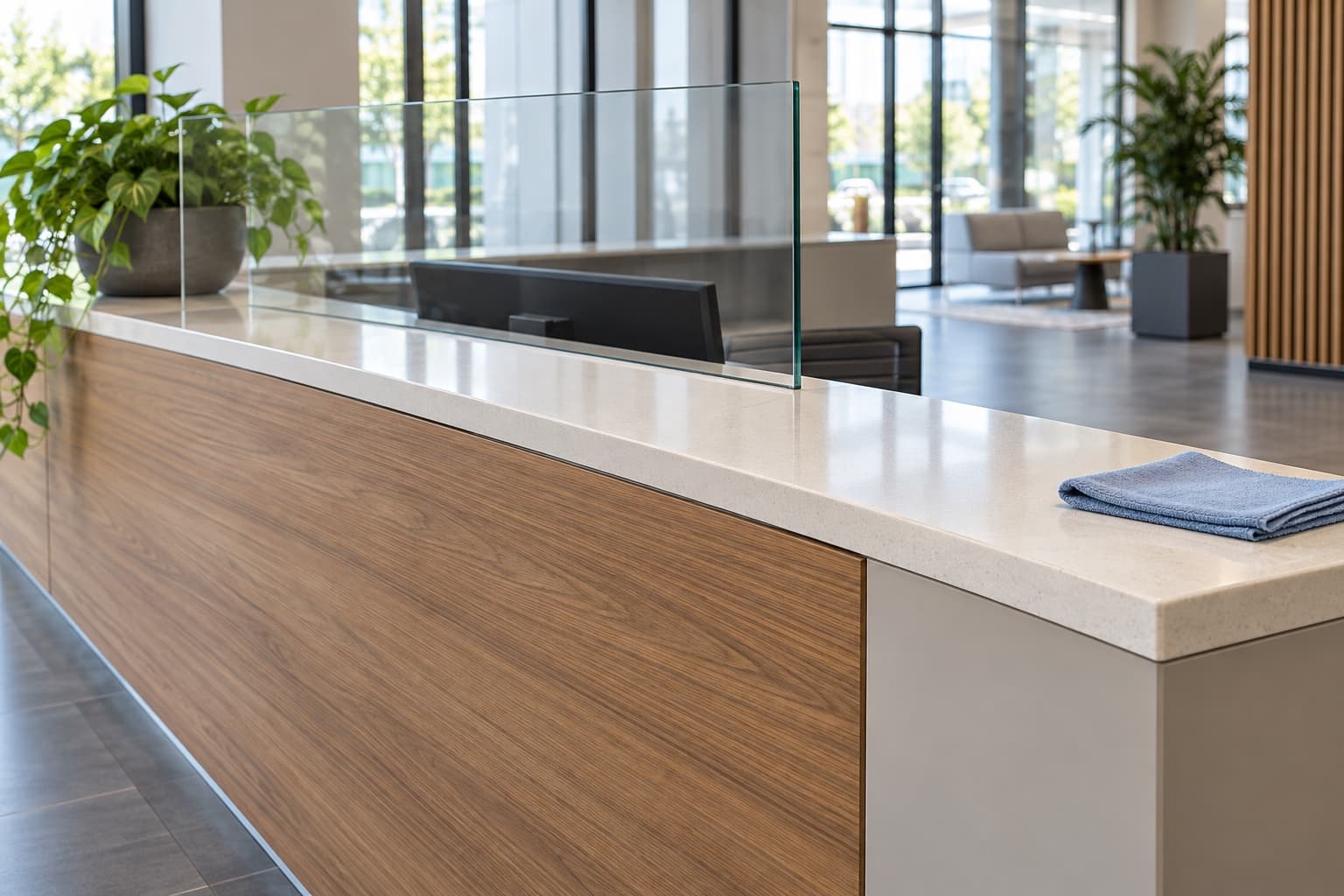 Leere Empfangstheke mit Holzdekorfront, heller Arbeitsplatte, Glasscheibe und gefaltetem Tuch