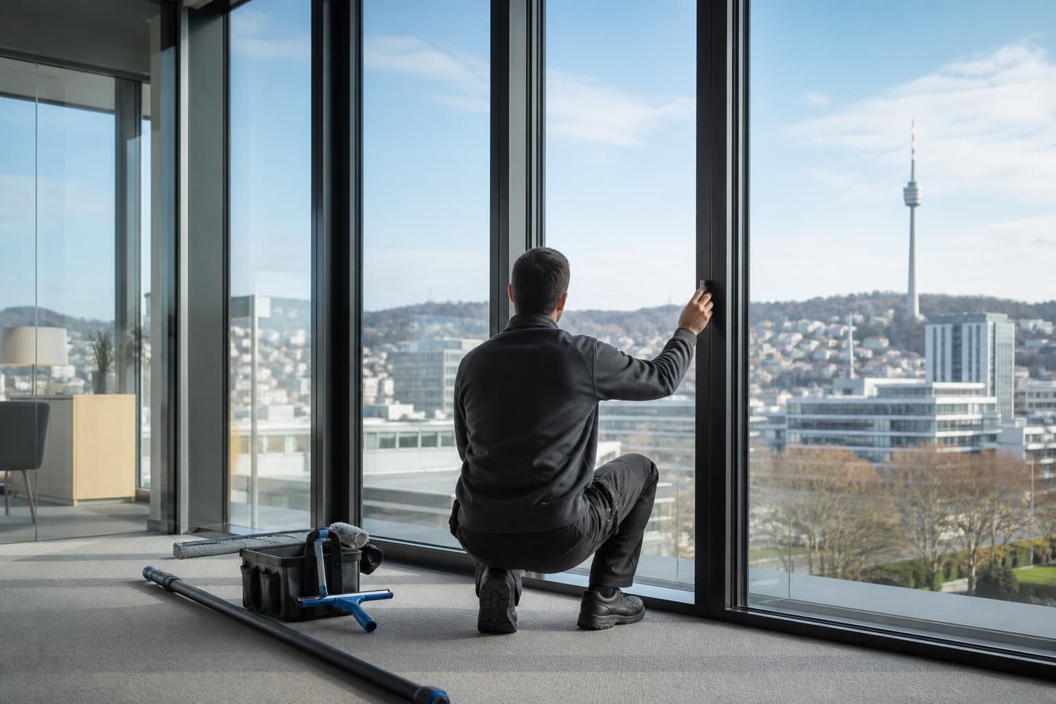 Sichere Kontrolle raumhoher Bürofenster mit Blick über Stuttgart