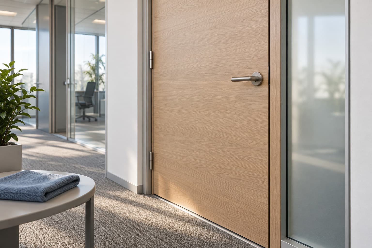 Helle Innentür aus Holz mit Metallgriff und seitlichem Glasfeld in einem leeren Büroflur