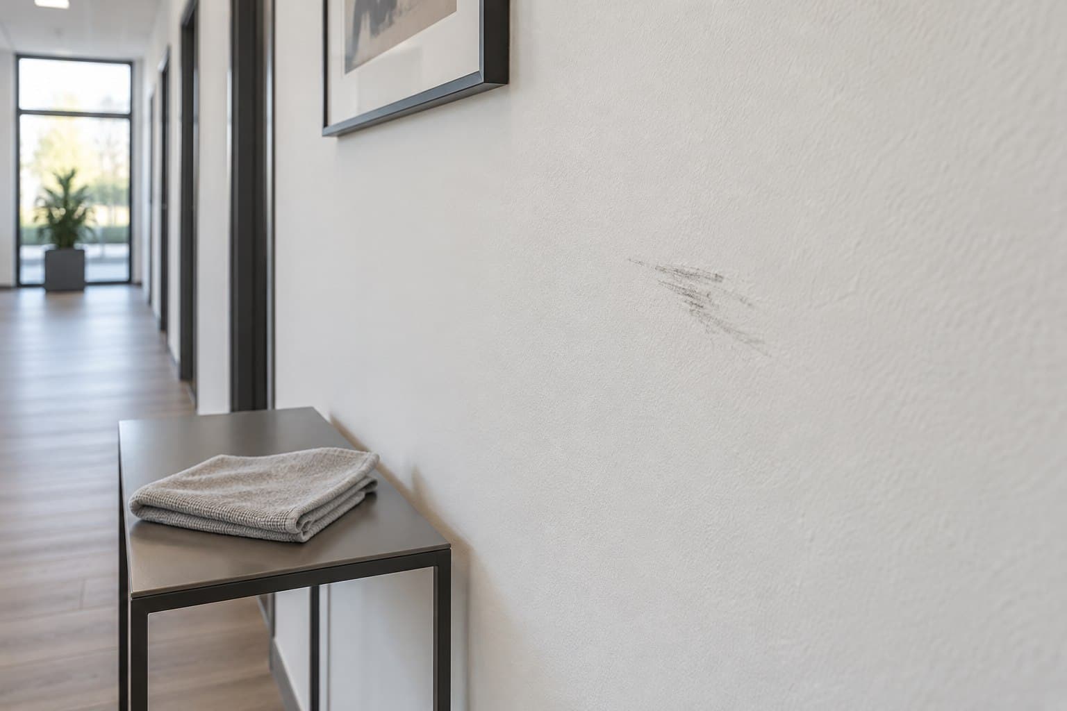 Kleine graue Abriebspur auf einer matten Büroinnenwand neben einem gefalteten Tuch