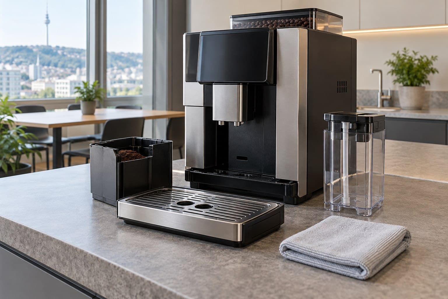 Kaffeevollautomat in einer hellen Büroteeküche mit herausgenommener Tropfschale, Satzbehälter und Milchbehälter