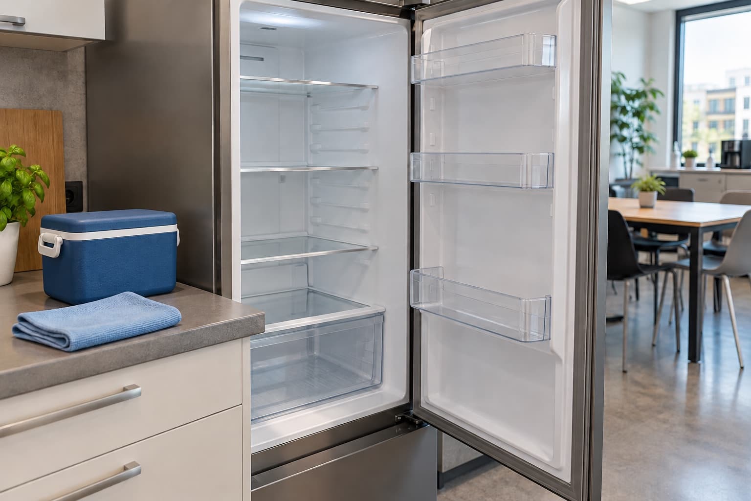 Geöffneter leerer Bürokühlschrank mit Kühlbox und gefaltetem Tuch auf der Arbeitsplatte