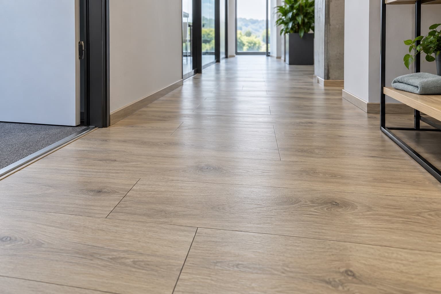 Heller Laminatboden mit sichtbaren Dielenfugen und Türschwelle in einem leeren Büroflur