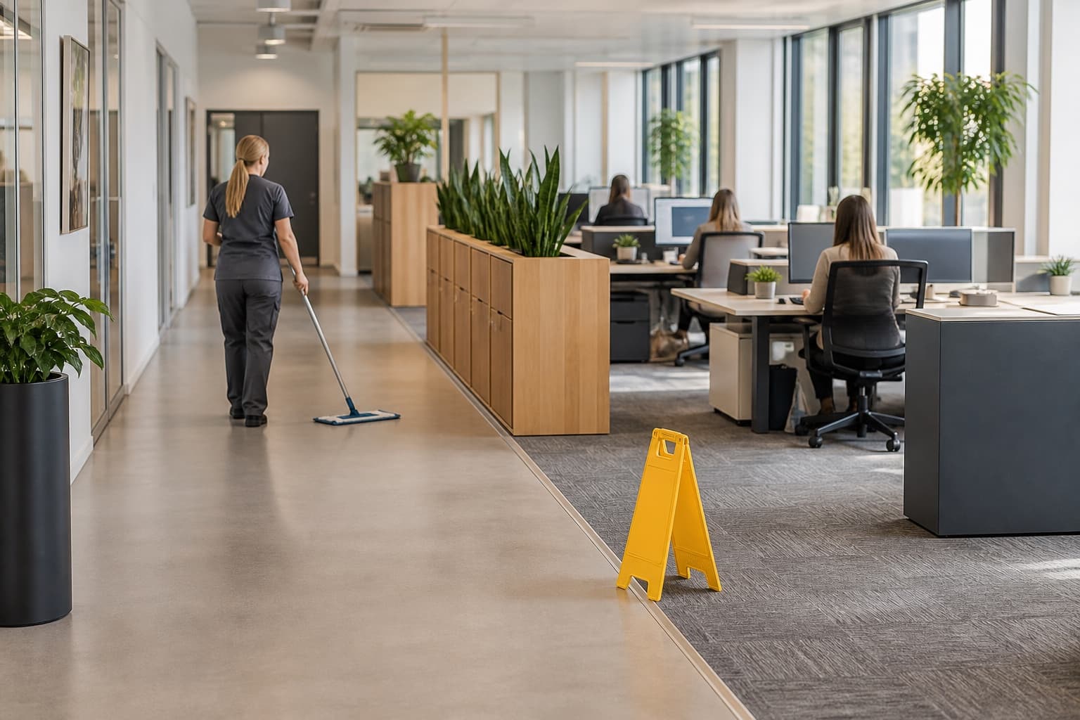 Bodenreinigung im laufenden Bürobetrieb mit freiem Ausweichweg