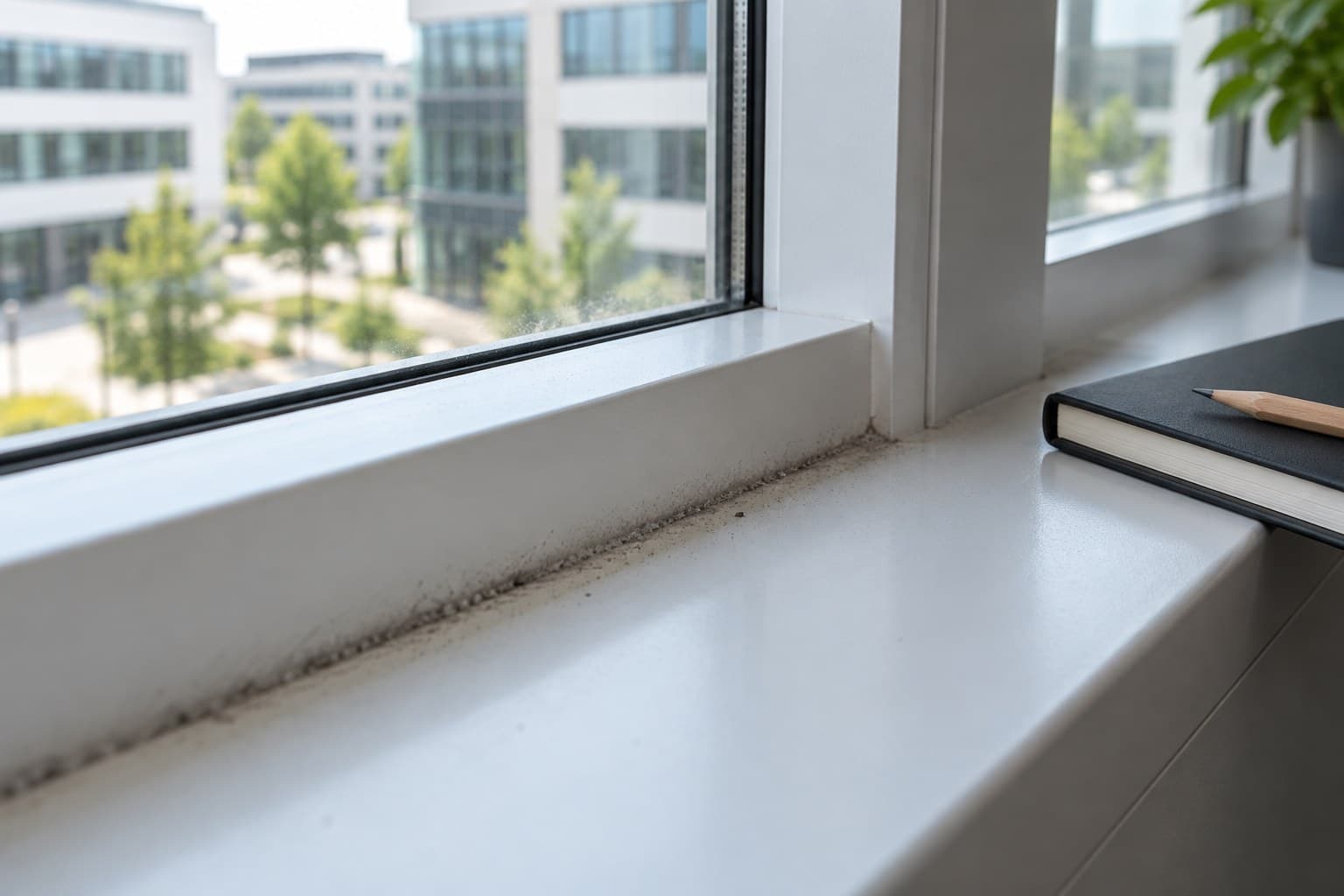 Staubrand in der Ecke einer weißen Bürofensterbank neben einem geschlossenen Notizbuch und Bleistift