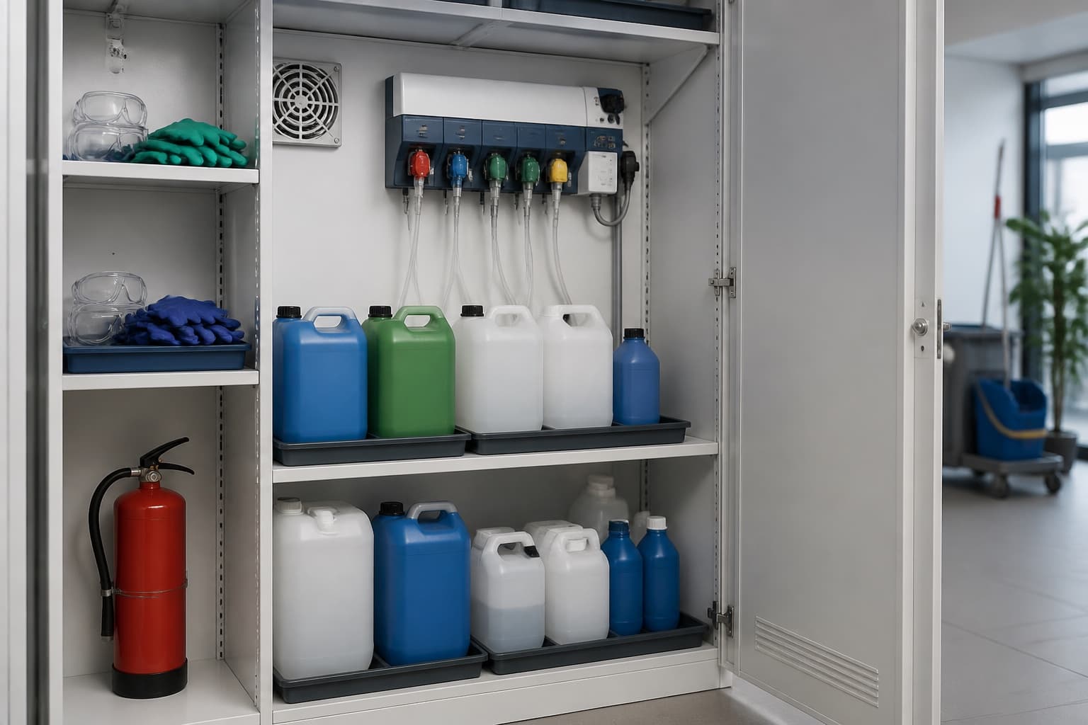 Gesicherter Reinigungsmittelschrank mit Dosiersystem und Auffangwannen