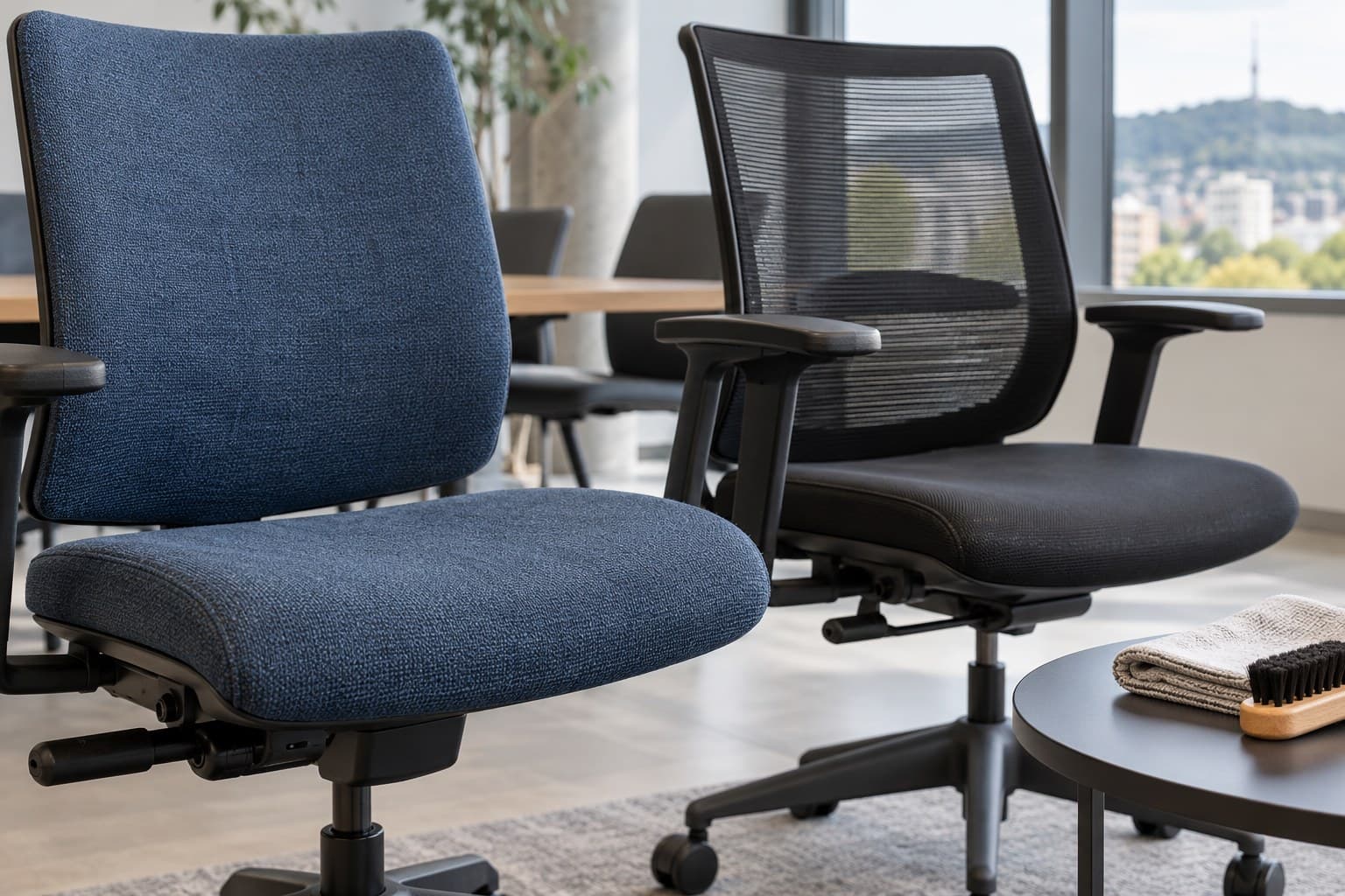 Zwei Bürostühle mit blauem Stoffbezug und schwarzem Netzrücken neben Tuch und weicher Bürste