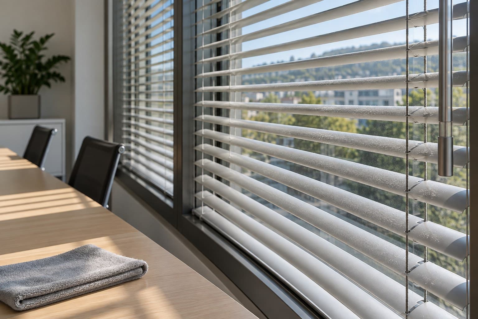 Aluminiumlamellen einer Innenjalousie am Bürofenster mit gefaltetem Tuch auf dem Tisch