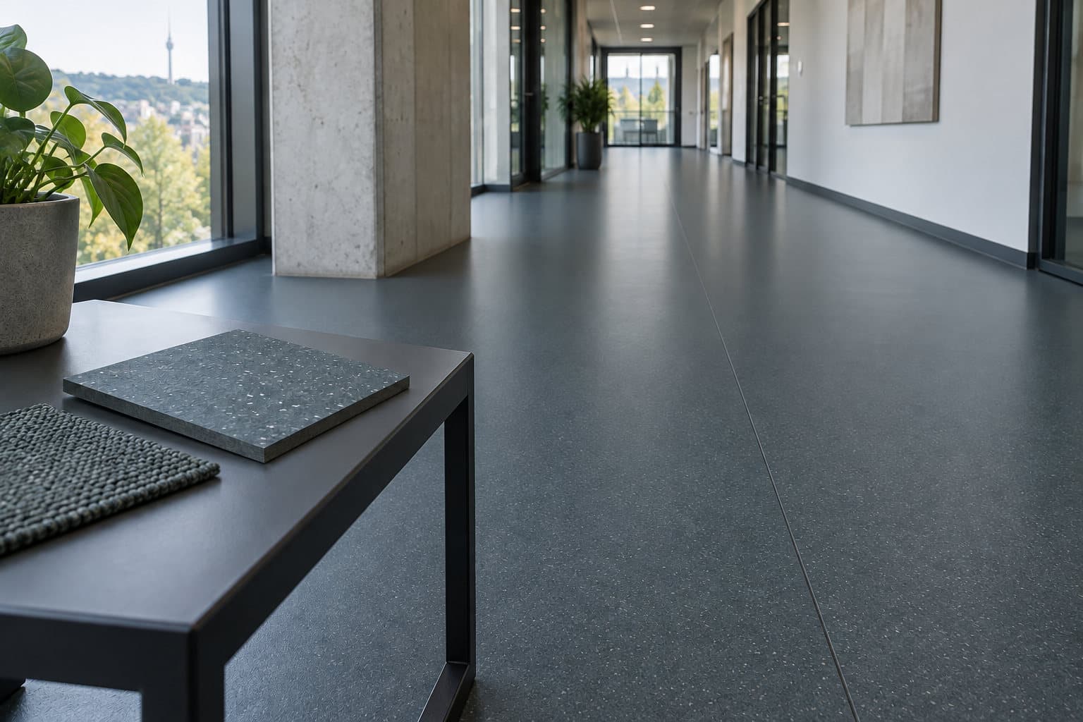 Dunkelgrauer Kautschukboden in einem hellen Gewerbeflur mit Materialmuster auf einem Seitentisch