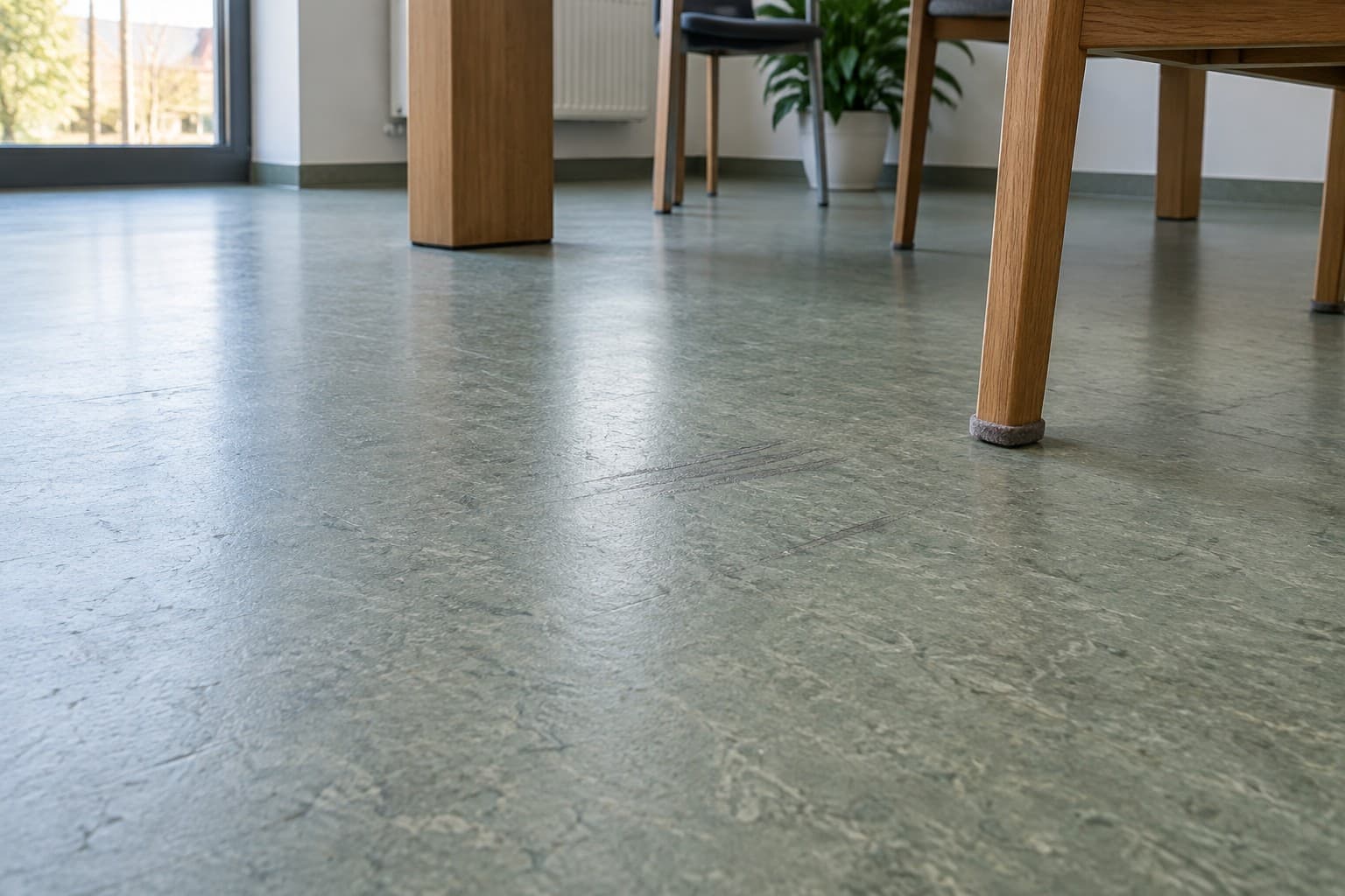 Mattgrüner Linoleumboden mit leichten Schuhspuren neben einem Holzstuhl mit Filzgleitern