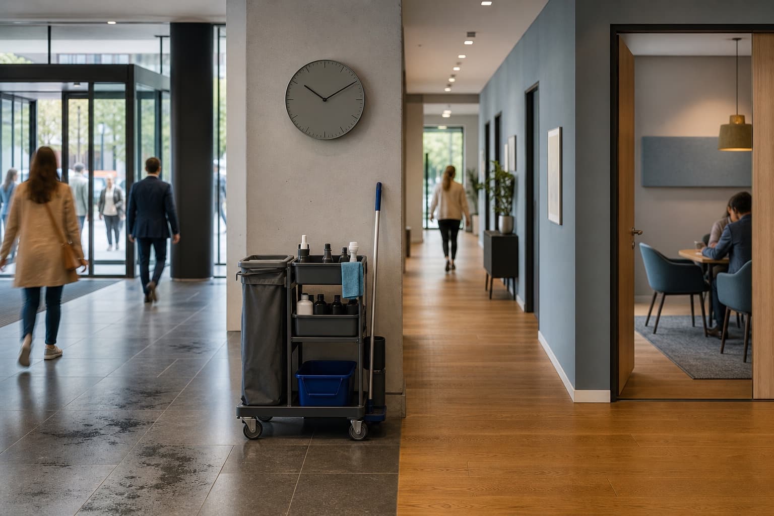 Unterschiedlich stark genutzte Bereiche eines Gewerbeobjekts mit Reinigungswagen