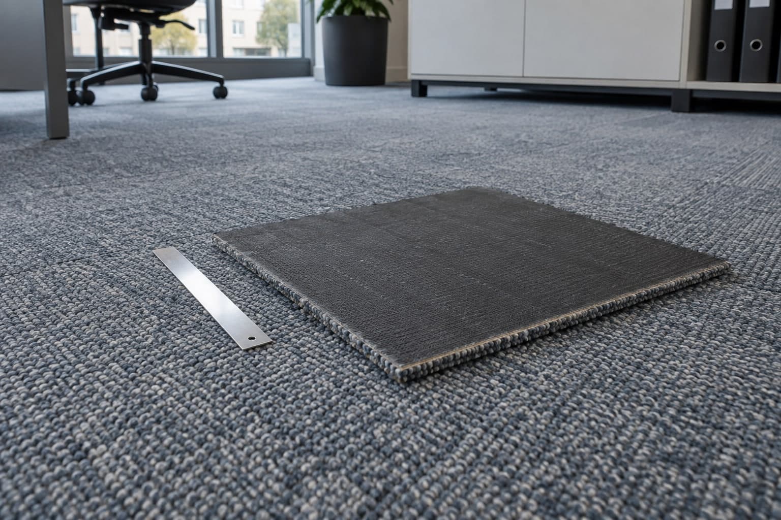 Grauer Teppichboden im Büro mit einer umgedrehten Ersatzfliese zur Ansicht des Rückenmaterials